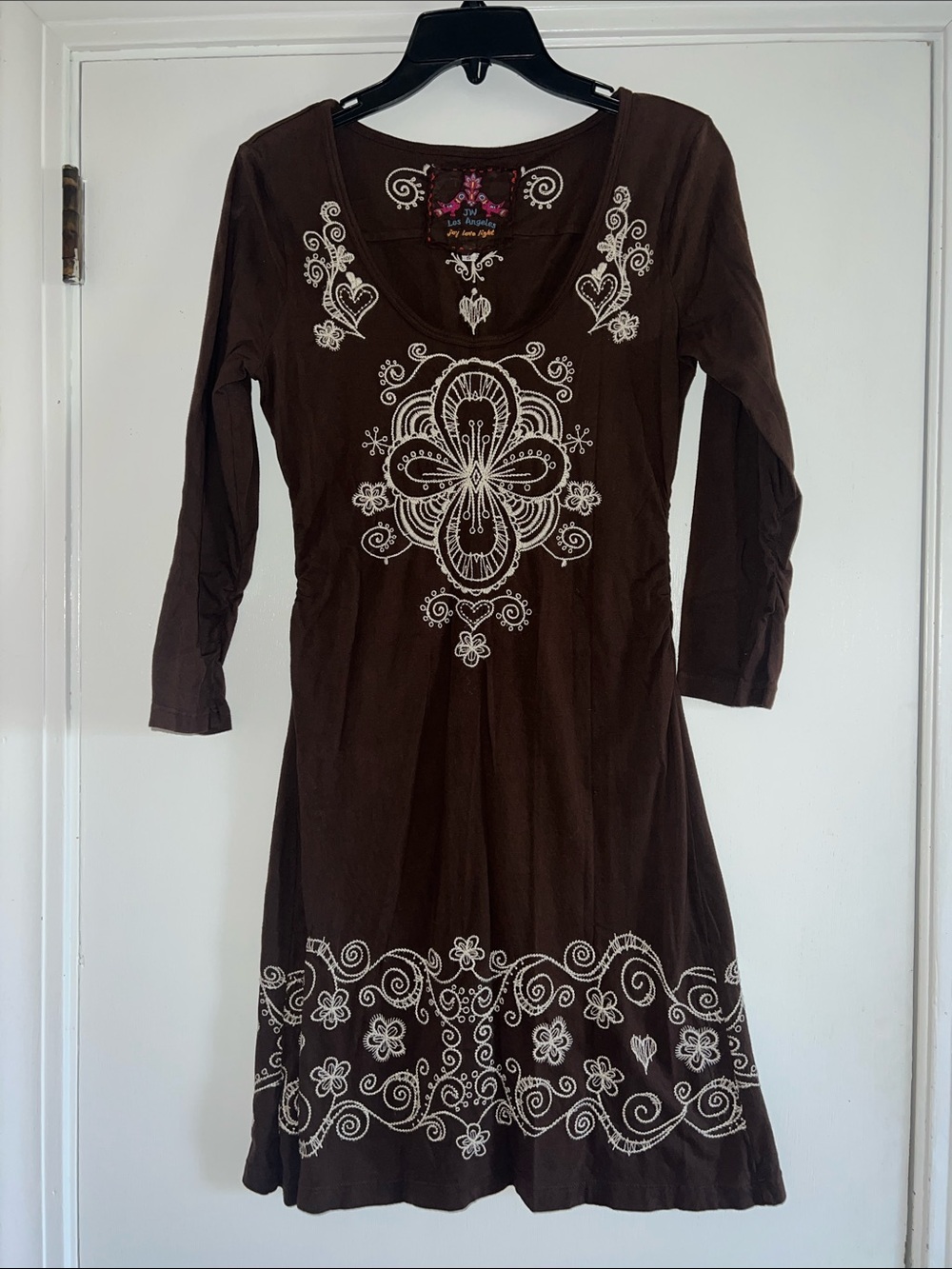 Johnny Was Brown Long-Sleeve Embroidered Tunic Dress